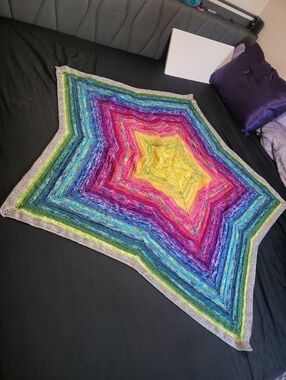 Wool Homemade 5 Foot Across Hand Knit Rainbow Blanket